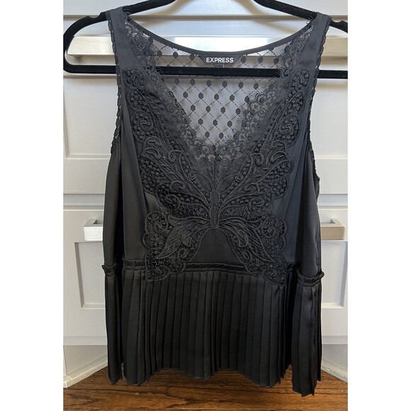Express Women’s Black Blouse Size S Sheer Pleated Cocktail Party Lace Silky EUC - Picture 1 of 4
